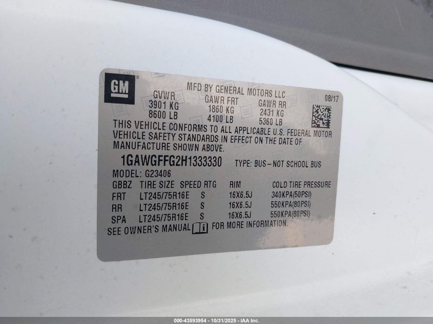 2017 Chevrolet Express 2500 Lt VIN: 1GAWGFFG2H1333330 Lot: 43593954