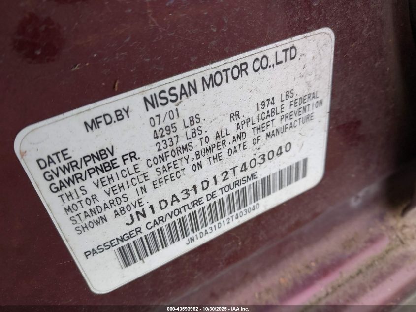 2002 Nissan Maxima Gle VIN: JN1DA31D12T403040 Lot: 43593962