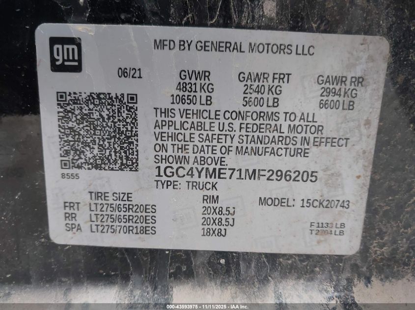 2021 Chevrolet Silverado 2500Hd 4Wd Standard Bed Custom VIN: 1GC4YME71MF296205 Lot: 43593975