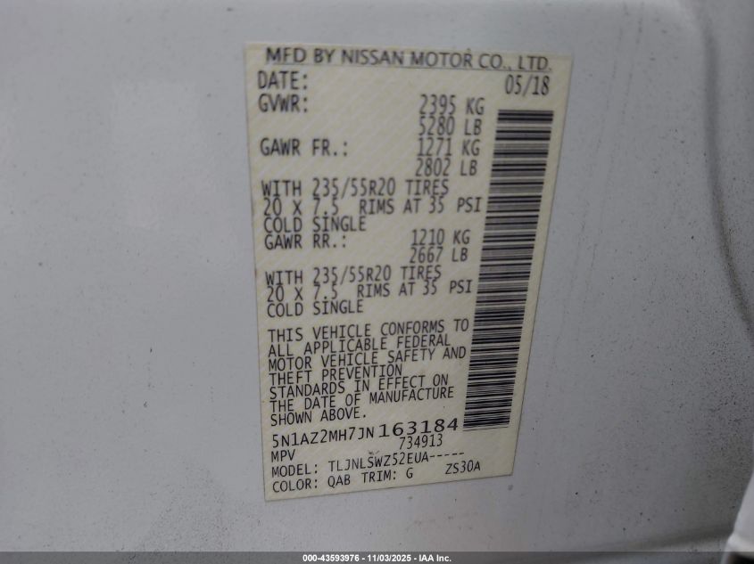 2018 Nissan Murano Platinum VIN: 5N1AZ2MH7JN163184 Lot: 43593976