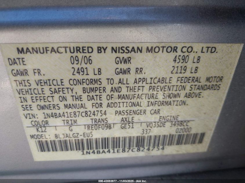 2007 Nissan Maxima 3.5 Sl VIN: 1N4BA41E87C824754 Lot: 43593977