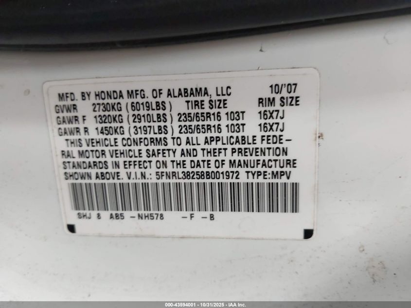 2008 Honda Odyssey Lx VIN: 5FNRL38258B001972 Lot: 43594001