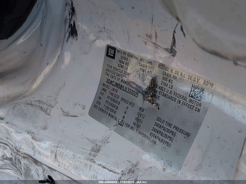 2018 Chevrolet Trax Premier VIN: 3GNCJMSB5JL330325 Lot: 43594008