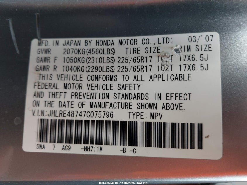 JHLRE48747C075796 2007 HONDA CR-V photo no. 9