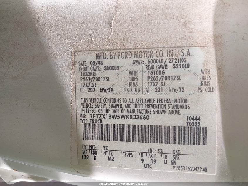 1998 Ford F-150 Lariat/Standard/Xl/Xlt VIN: 1FTZX18W5WKB33660 Lot: 43594023