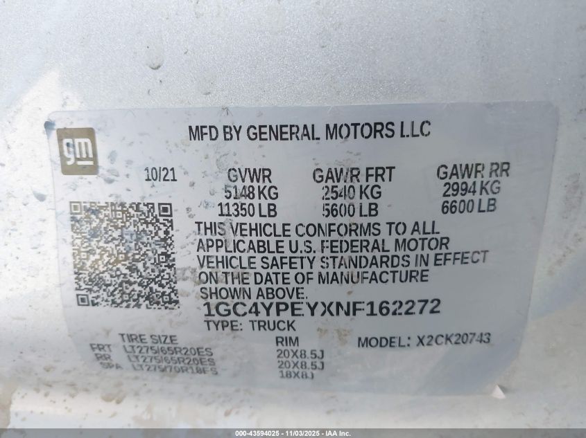 2022 Chevrolet Silverado 2500Hd 4Wd Standard Bed Ltz VIN: 1GC4YPEYXNF162272 Lot: 43594025