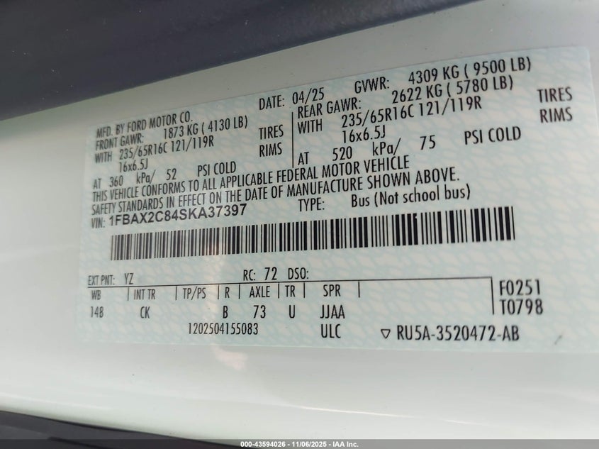 2025 FORD TRANSIT-350 PASSENGER VAN XLT 1FBAX2C84SKA37397