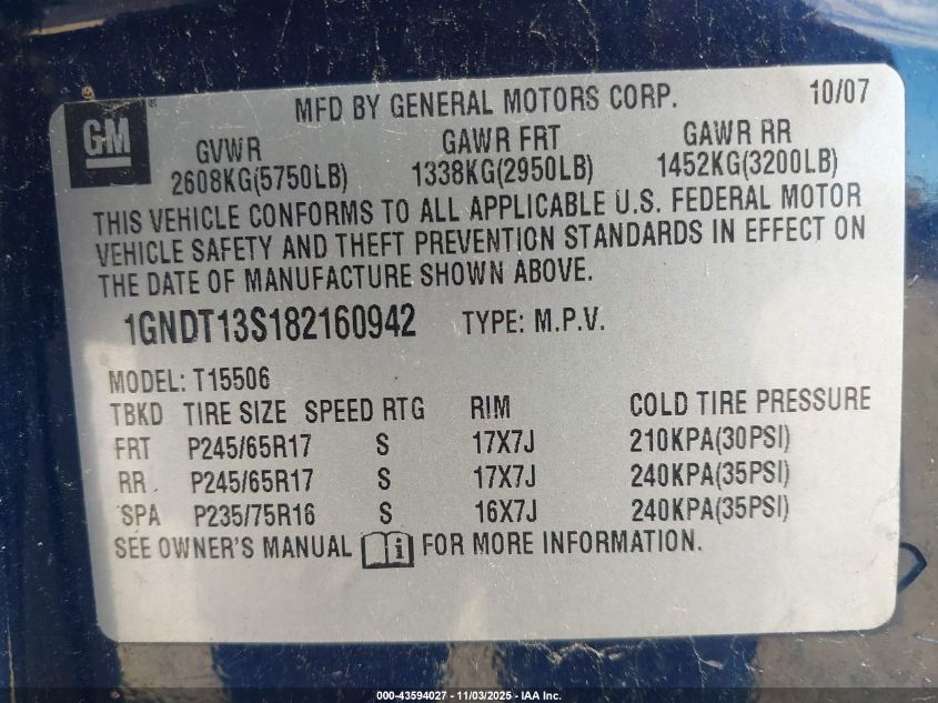 2008 Chevrolet Trailblazer Lt VIN: 1GNDT13S182160942 Lot: 43594027