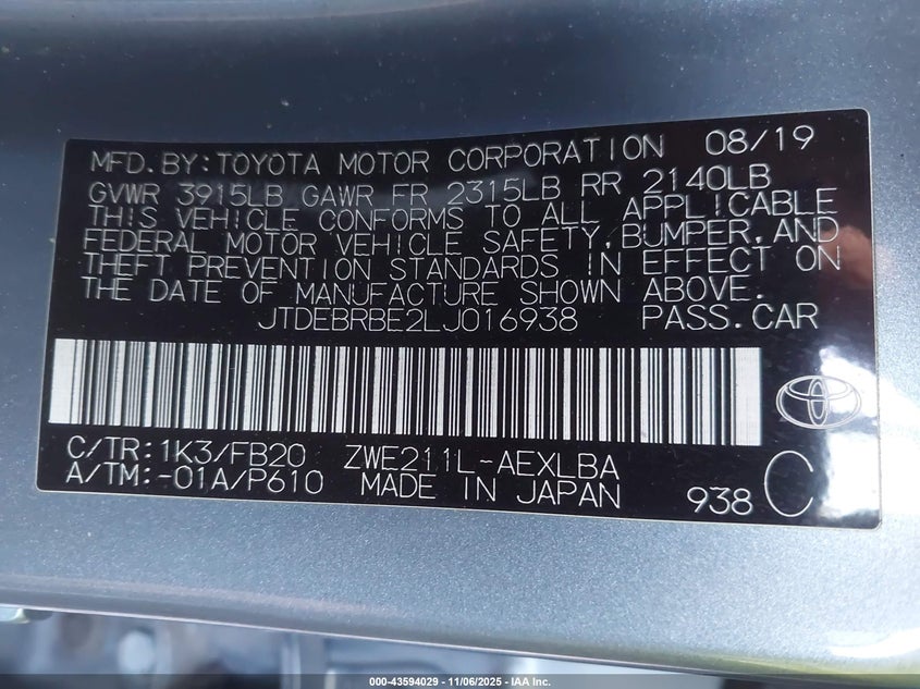 2020 TOYOTA COROLLA HYBRID LE - JTDEBRBE2LJ016938
