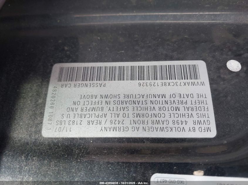 2008 Volkswagen Passat Komfort VIN: WVWAK73CX8E129326 Lot: 43594035