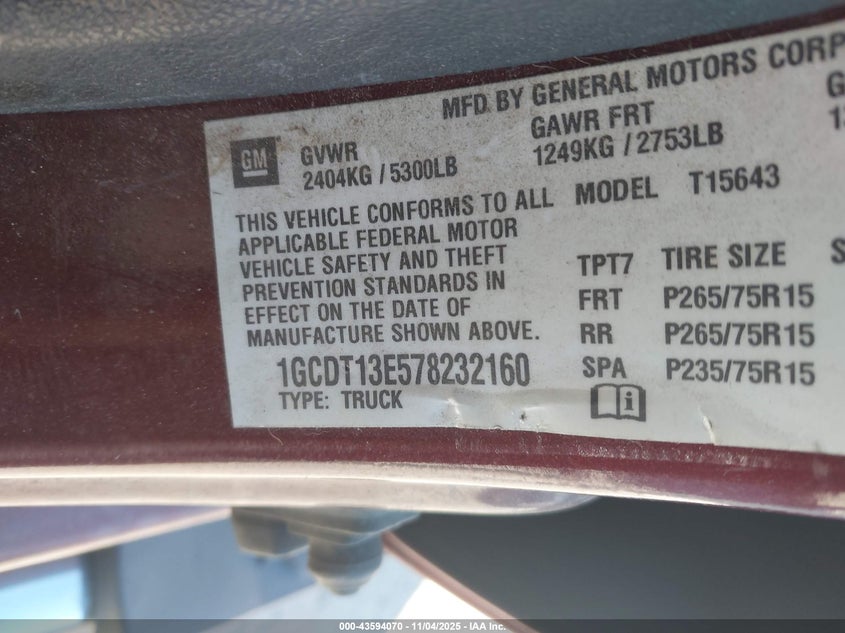 1GCDT13E578232160 2007 CHEVROLET COLORADO photo no. 9