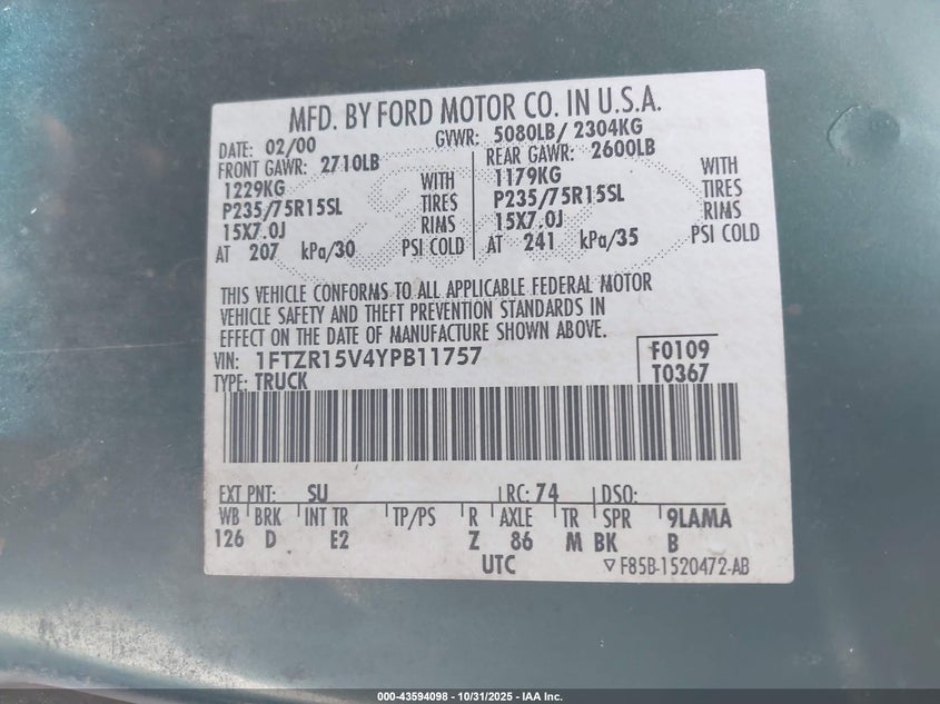 2000 Ford Ranger Super Cab VIN: 1FTZR15V4YPB11757 Lot: 43594098