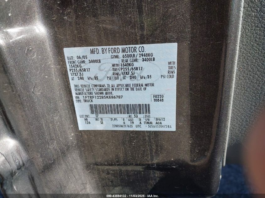 2005 Ford F-150 Stx/Xl/Xlt VIN: 1FTRF12285KE86787 Lot: 43594132