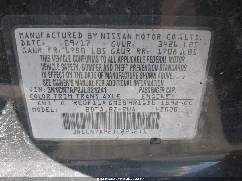 2018 NISSAN VERSA 1.6 SV - 3N1CN7AP2JL821241