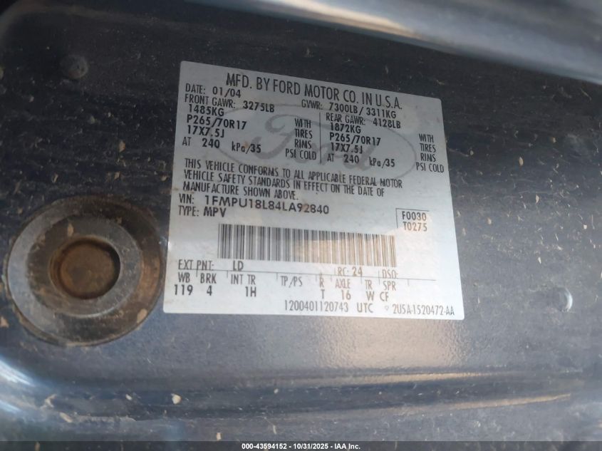 2004 Ford Expedition Eddie Bauer VIN: 1FMPU18L84LA92840 Lot: 43594152