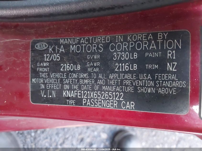 2006 Kia Spectra Ex/Lx/Sx VIN: KNAFE121X65265122 Lot: 43594162