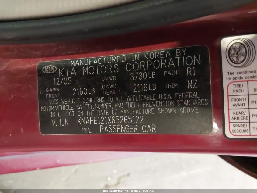 2006 Kia Spectra Ex/Lx/Sx VIN: KNAFE121X65265122 Lot: 43594162