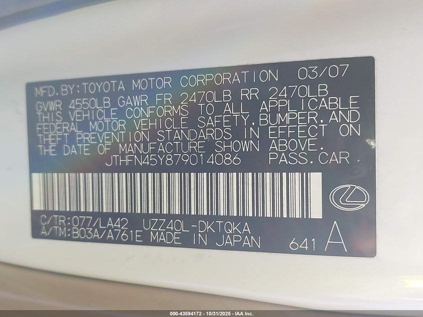 2007 Lexus Sc 430 VIN: JTHFN45Y879014086 Lot: 43594172