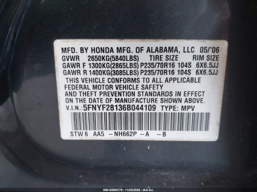 2006 Honda Pilot Lx VIN: 5FNYF28136B044109 Lot: 43594176