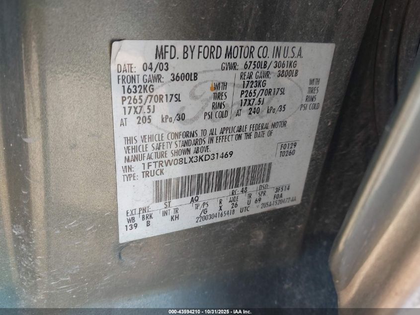 2003 Ford F-150 Lariat/Xlt VIN: 1FTRW08LX3KD31469 Lot: 43594210