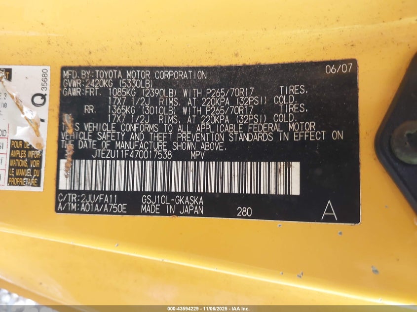 2007 Toyota Fj Cruiser VIN: JTEZU11F470017538 Lot: 43594229