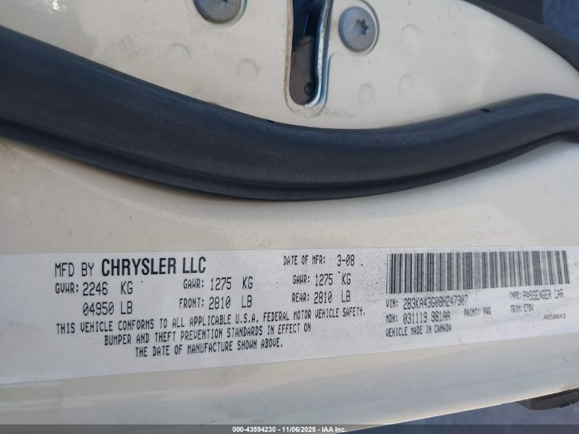 2008 Dodge Charger VIN: 2B3KA43G08H247307 Lot: 43594230