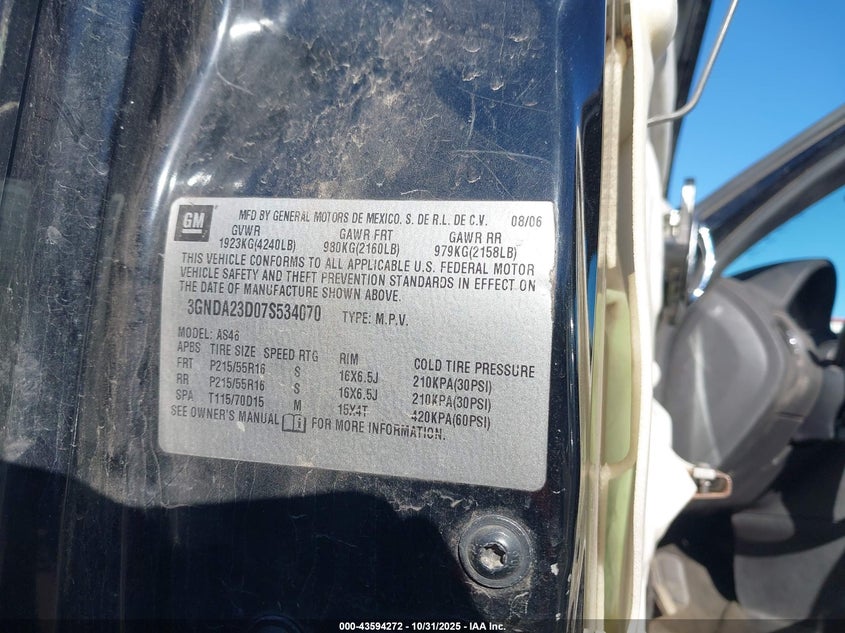 2007 Chevrolet Hhr Lt VIN: 3GNDA23D07S534070 Lot: 43594272