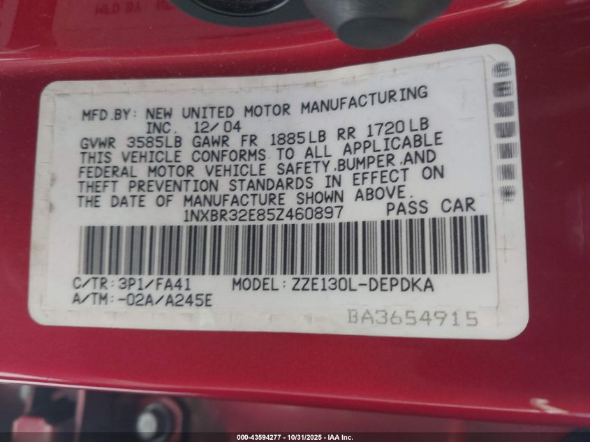 2005 Toyota Corolla Ce VIN: 1NXBR32E85Z460897 Lot: 43594277