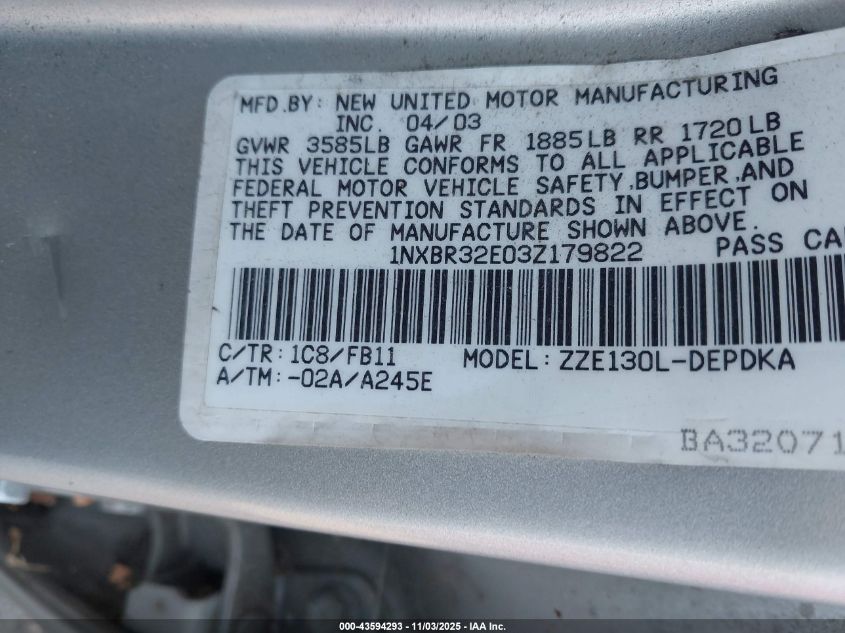 2003 Toyota Corolla Ce VIN: 1NXBR32E03Z179822 Lot: 43594293