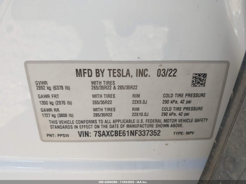 2022 Tesla Model X Plaid Tri Motor All-Wheel Drive VIN: 7SAXCBE61NF337352 Lot: 43594298