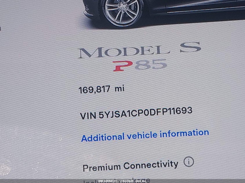 2013 Tesla Model S Performance VIN: 5YJSA1CP0DFP11693 Lot: 43594331