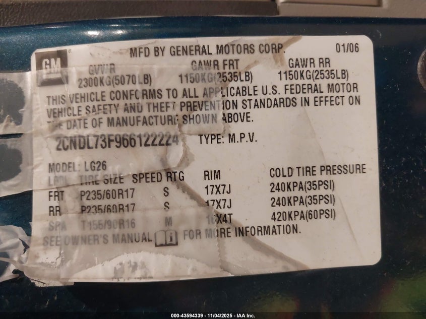 2006 Chevrolet Equinox Lt VIN: 2CNDL73F966122224 Lot: 43594339