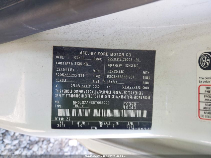 2011 Ford Transit Connect Xl VIN: NM0LS7AN5BT062003 Lot: 43594353