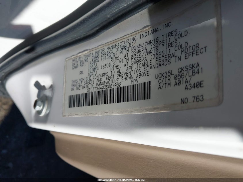 2002 Toyota Sequoia Sr5 V8 VIN: 5TDZT34A02S087062 Lot: 43594357