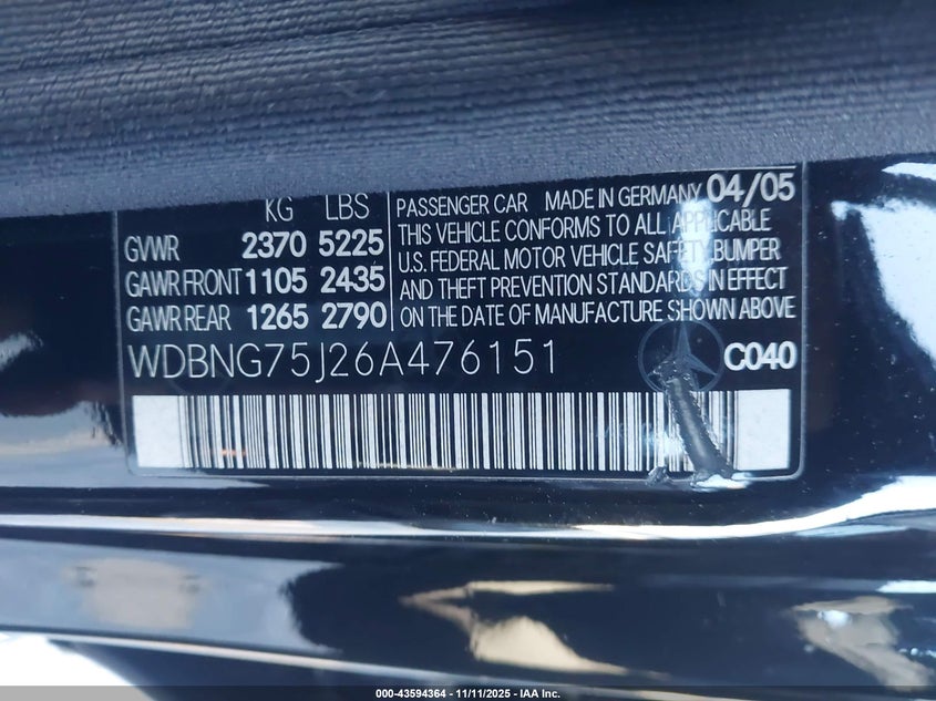 2006 Mercedes-Benz S 500 VIN: WDBNG75J26A476151 Lot: 43594364