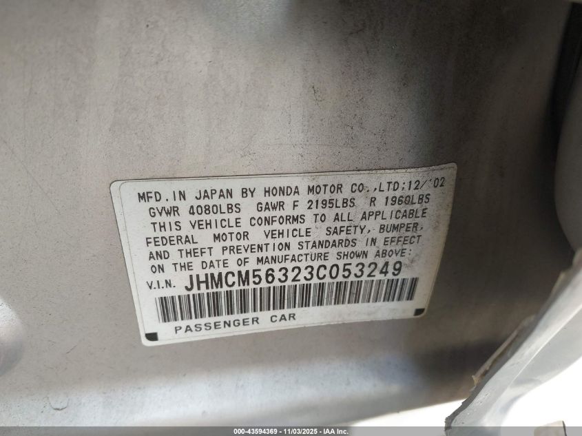 2003 Honda Accord 2.4 Lx VIN: JHMCM56323C053249 Lot: 43594369