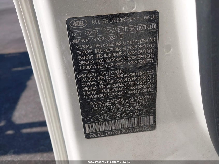 2008 Land Rover Range Rover Sport Supercharged VIN: SALSH23488A186977 Lot: 43594371