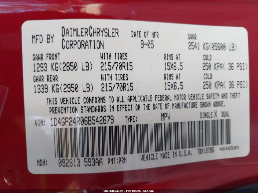 2006 Dodge Grand Caravan Se VIN: 1D4GP24R06B542679 Lot: 43594372
