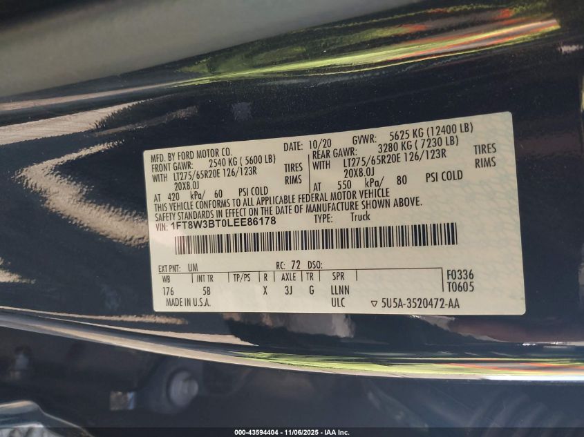 2020 Ford F-350 Lariat VIN: 1FT8W3BT0LEE86178 Lot: 43594404