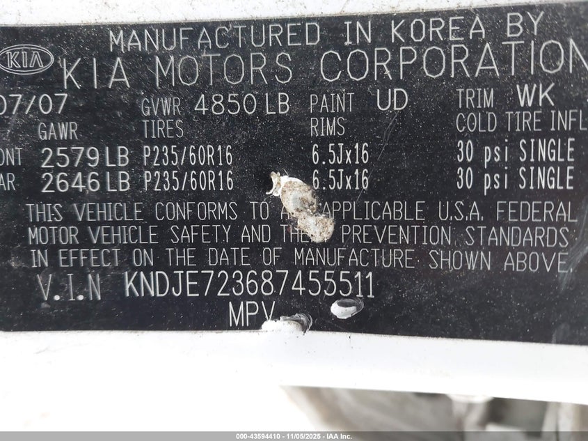 2008 Kia Sportage Lx V6 VIN: KNDJE723687455511 Lot: 43594410