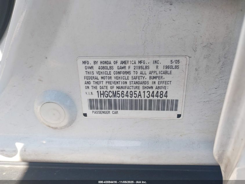 2005 Honda Accord 2.4 Lx VIN: 1HGCM56495A134484 Lot: 43594416