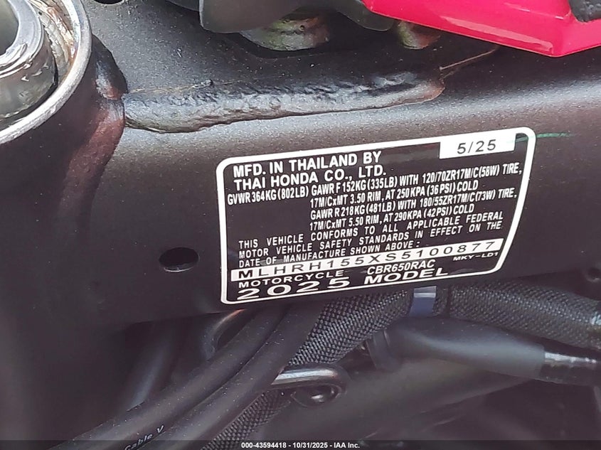 2025 Honda Cbr650 R VIN: MLHRH155XS5100877 Lot: 43594418