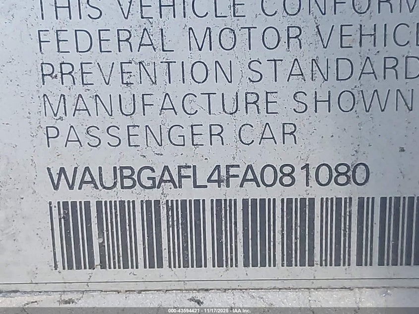 2015 Audi S4 3.0T Premium Plus VIN: WAUBGAFL4FA081080 Lot: 43594421