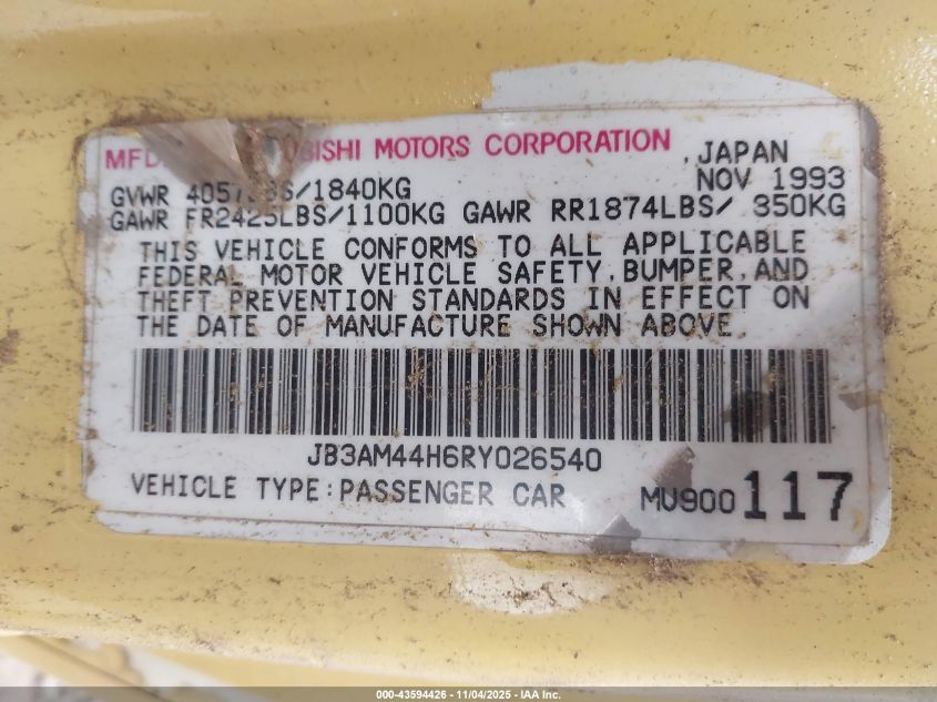 1994 Dodge Stealth VIN: JB3AM44H6RY026540 Lot: 43594426