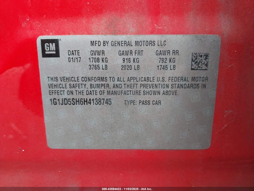 2017 CHEVROLET SONIC LT AUTO - 1G1JD5SH6H4138745