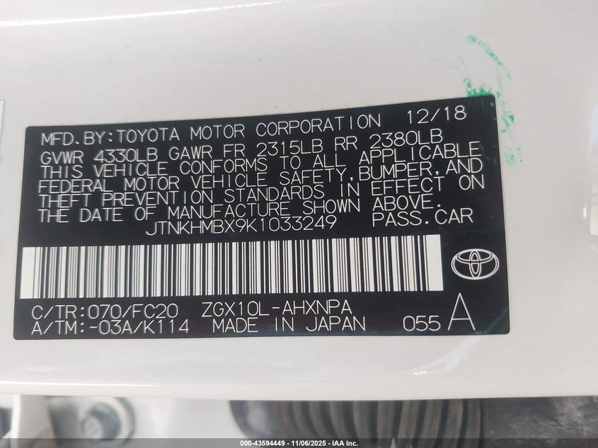 2019 TOYOTA C-HR LE JTNKHMBX9K1033249