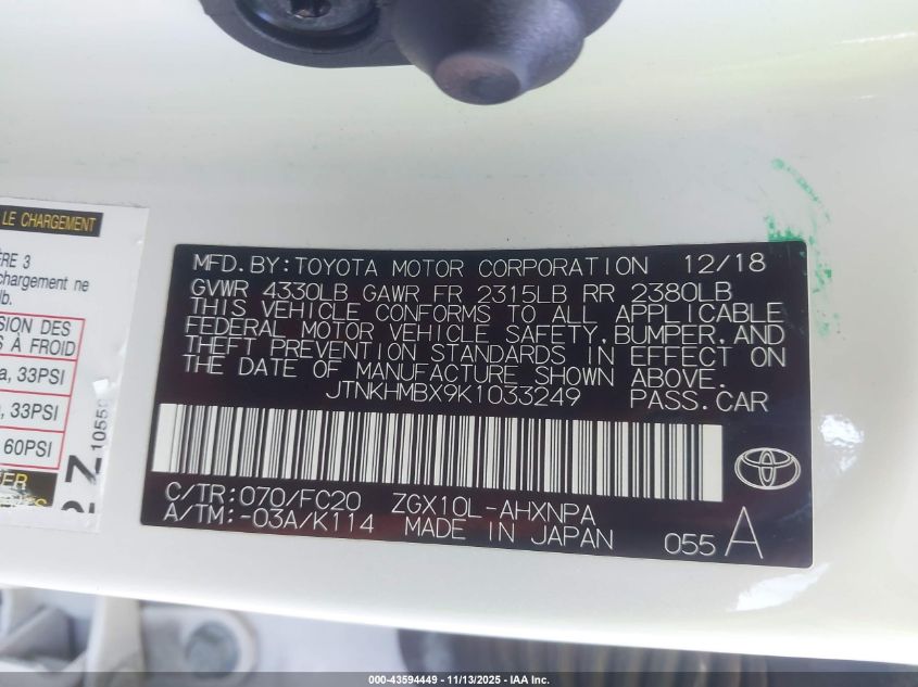 2019 Toyota C-Hr Le VIN: JTNKHMBX9K1033249 Lot: 43594449