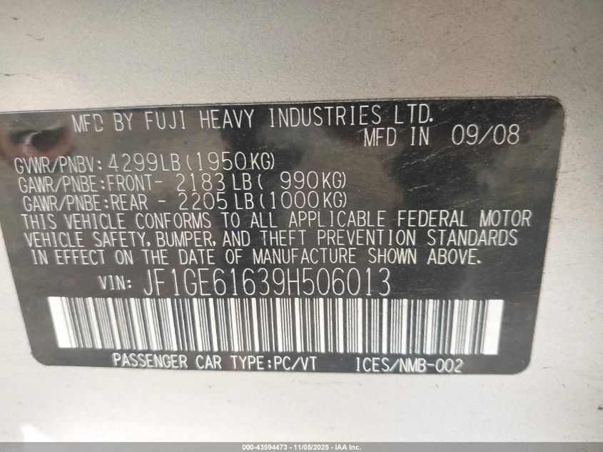 2009 Subaru Impreza 2.5I VIN: JF1GE61639H506013 Lot: 43594473