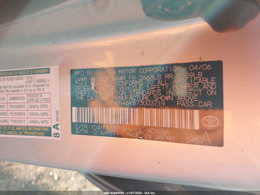 2007 Toyota Camry Hybrid VIN: JTNBB46K873003719 Lot: 43594480