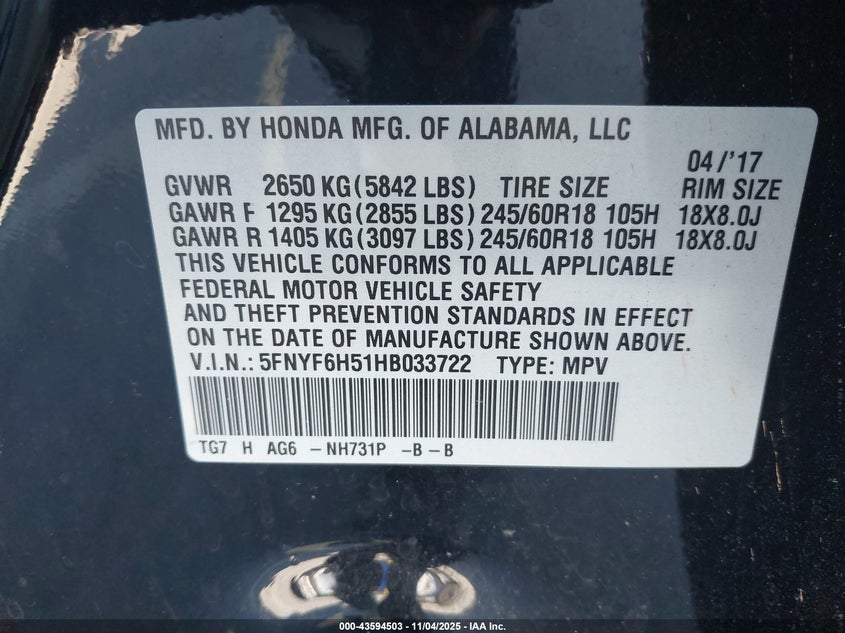 2017 HONDA PILOT EX-L - 5FNYF6H51HB033722